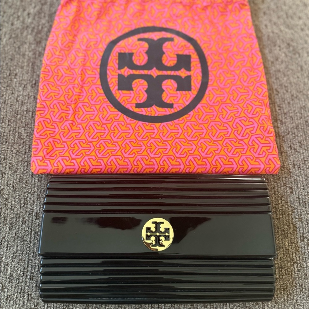 Tory Burch Black Patent Card Holder with Gold Logo Accent